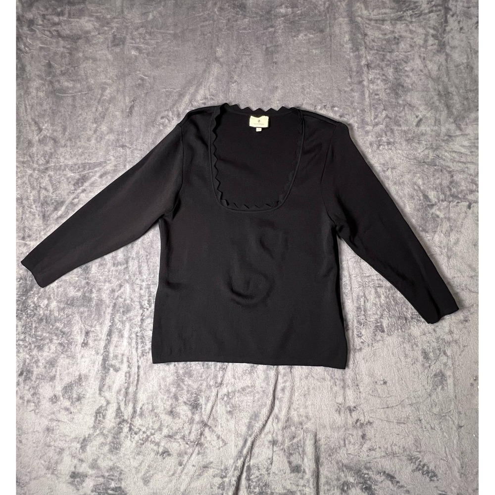 Tuckernuck Womens Top XXL Black Scalloped Scoop Neck Knit Sweater Pullover